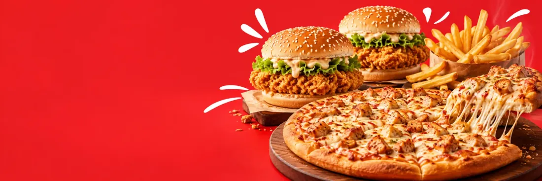 Pizza, chicken burgers and fries to share